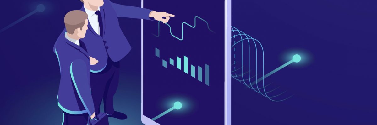 Man look graphic chart, business analytics concept, big data processing icon, virtual reality interface, server room admin administrator, isometric illustration vector neon dark